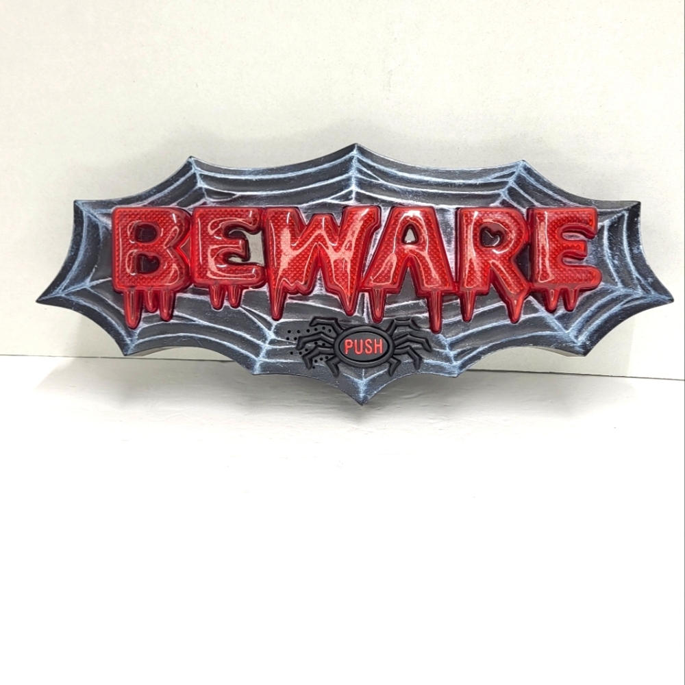 Halloween BEWARE Door Greeter 2008 Take One LTD Lights Up Plays Music Talks 12"
